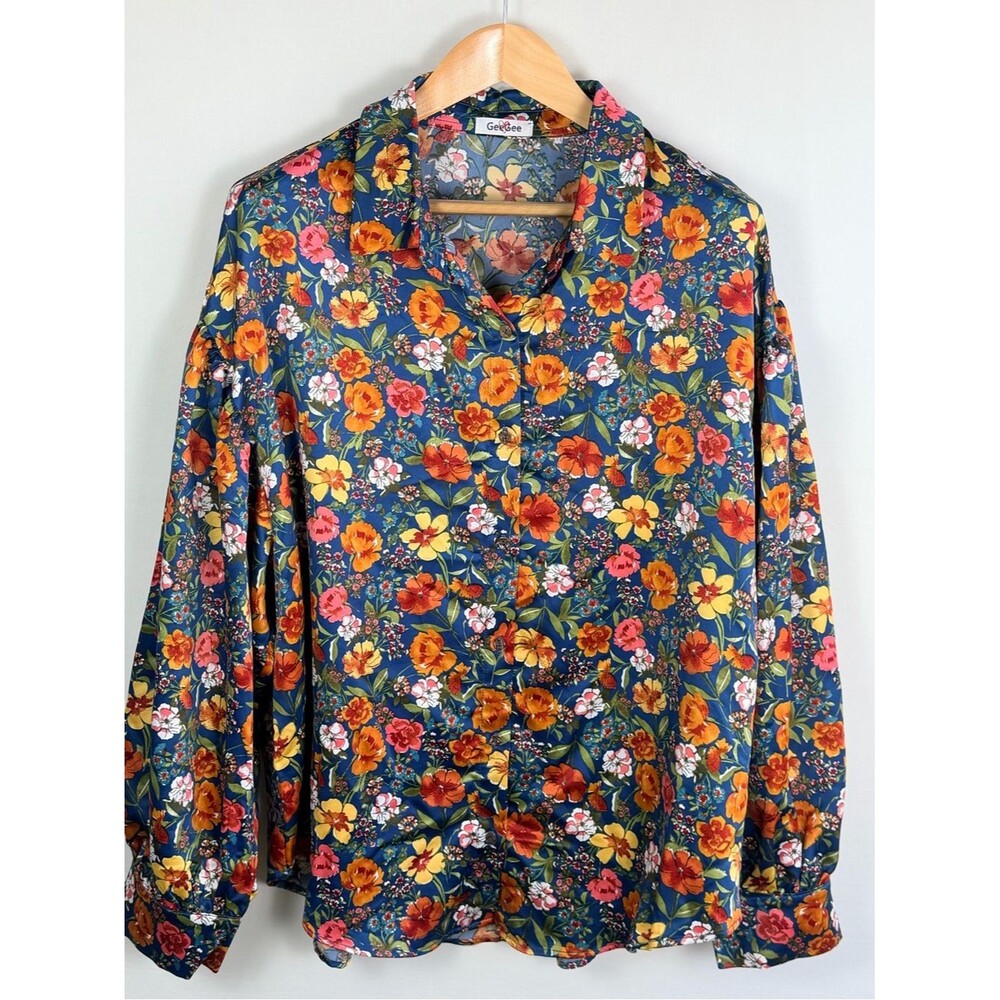 GeeGee Floral Button Front Blouse 2X Blue Orange Cottagecore